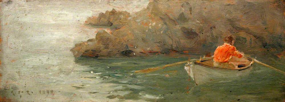 Tuke, Henry Scott, 1858-1929; Boy Rowing out from Rocky Shore